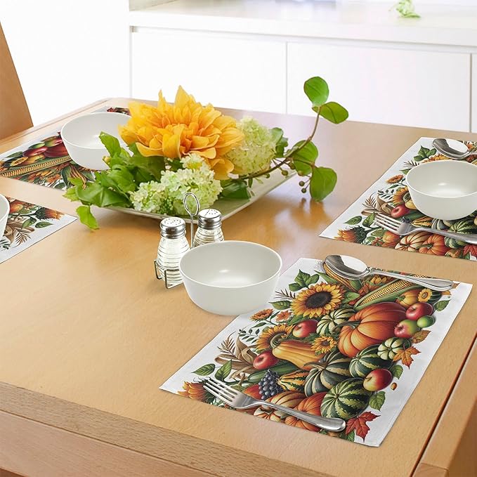Ambesonne Fall Place Mats Set of 8, Pumpkins Apples and Sunflowers Harvest Time Composition Veggies Fruits, Washable Fabric Placemats for Dining Table, Placemat 8 pcs, Emerald Orange and Green
