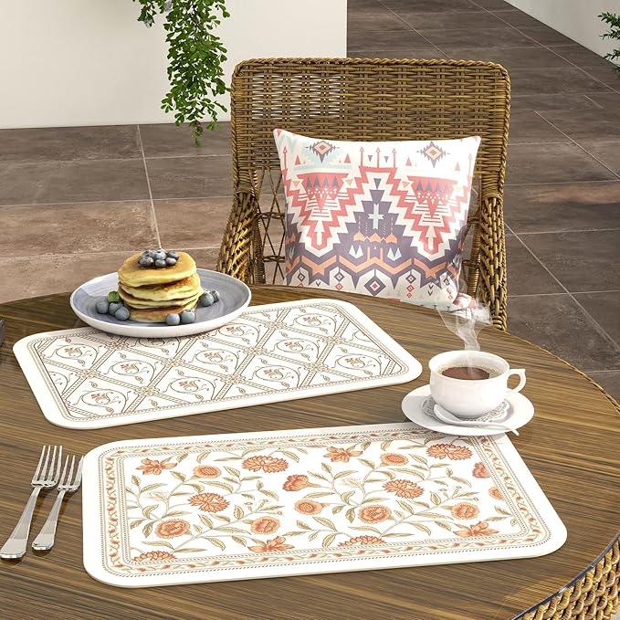 ISAENNE French Vintage PVC Placemats Set of 6,Red Floral PVC Placemat, Waterproof and Heat-Resistant, Decoration for Kitchen, Party,Dinning,New Year,12"*17"