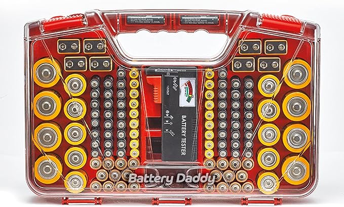 Ontel Battery Daddy Storage & Organizer Case with Tester, Stores & Protects Up to 180 Batteries, Double-Sided, Durable Design with Clear Locking Lid, Secure Latches & Portable Carrying Handle - Red