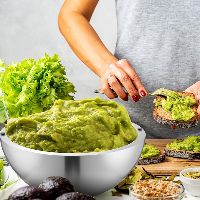 Honeydak 1 Pack 70 oz Dip Chiller Bowl Stainless Steel Double Walled Insulated Ice Serving Bowl for Parties Salsa, Guacamole, Condiments, Sauces, Salad & Food Hot or Cold
