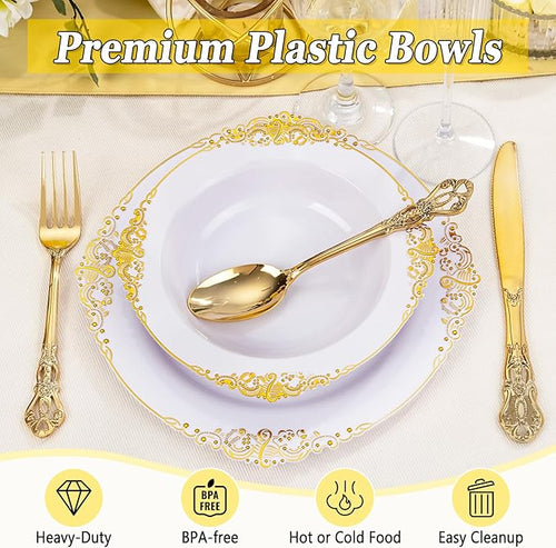 100PCS Gold Plastic Bowls - 12 oz White Disposable Salad Bowls - Heavy Duty Soup Serving Bowl - Fancy Plastic Ice Cream Bowl for Parties, Dinners, Catering, Picnics