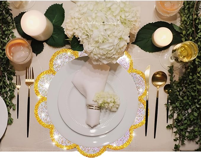 Washable Waterproof Diamond Circle Placemats for Round Tablescape Decor for Dinner and Kitchen Bling Placemats for Weddings & Special Events-6 PCS (Yellow)