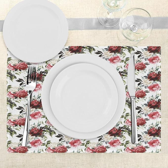 Ambesonne Shabby Flora Place Mats Set of 4, Country Style Floral Flower Roses Watercolor Image Art, Washable Fabric Placemats for Dining Table, Standard Size, Coral Maroon