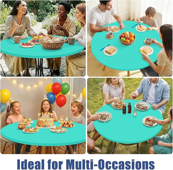 Round Spandex Tablecloth, Elastic Fitted Waterproof Tablecloths for 42"-50" Tables, Stretch Washable Picnic Table Cover for Camping, Dining, Indoor and Outdoor,Aqua Blue