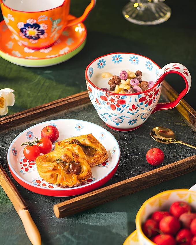 25oz Ceramic Soup Bowl with Handle – Handcrafted Floral Pottery Cereal & Ramen Bowl – Large Microwave & Dishwasher Safe Decorative Bowl for Everyday Use or Gift (Sunset Fiesta, 20oz)