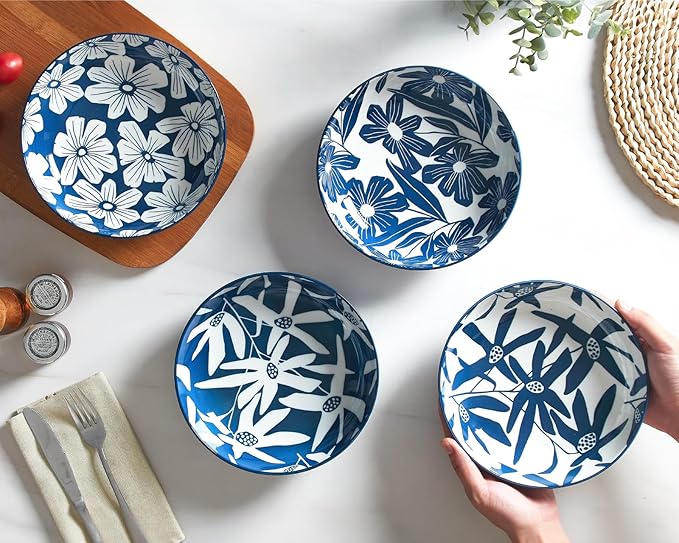 ONEMORE Ceramic Pasta Bowls Set of 4, 36 oz Salad Bowls, Large Kitchen Shallow Bowls Set-Vintage Blue Floral Pattern, Oven Microwave Dishwasher Safe, Scratch Resistant