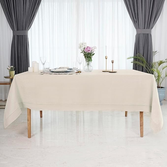 D'Moksha Homes Light Natural Linen Tablecloth 60 x 120 Inch - 100% Pure Linen Hemstitch Tablecloth for Rectangle Tables - Classic Hemstitch, Machine Washable Table Cloth for Valentines, Easter