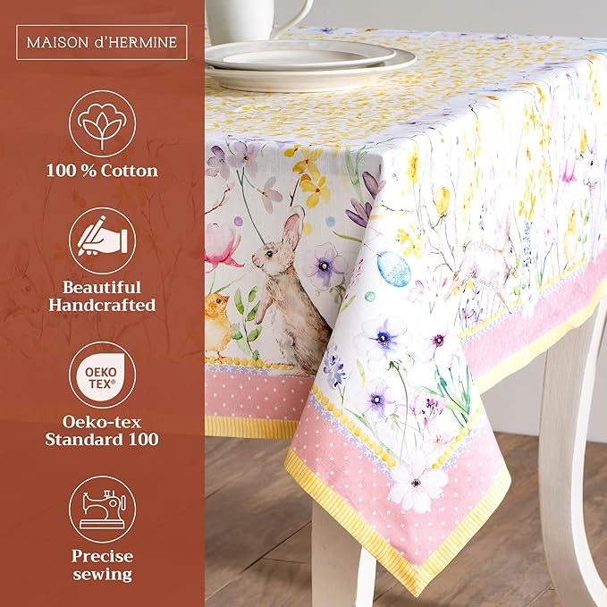 Maison d' Hermine Table Cloth Rectangle Table 100% Cotton 60 x 90 Inches Tablecloth Reusable Decorative for Dining Room Farmhouse Home Valentines Day Decorations Spring Summer - Easter Zest