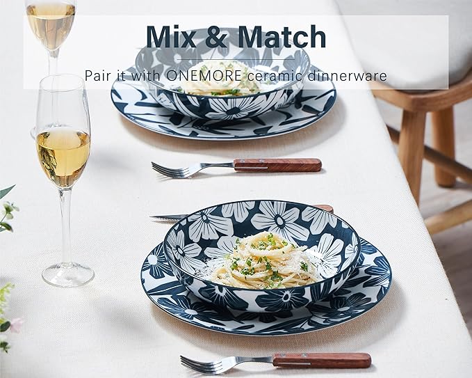 ONEMORE Ceramic Pasta Bowls Set of 4, 36 oz Salad Bowls, Large Kitchen Shallow Bowls Set-Vintage Blue Floral Pattern, Oven Microwave Dishwasher Safe, Scratch Resistant