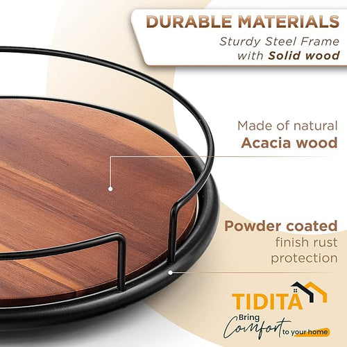 10" Acacia Wood Lazy Susan Turntable with Metal Frame for Table Top - Wooden Serving Tray Rotating for Kitchen Counter - Centerpiece Organizer Storage Food Bin Container for Pantry, Fridge, Cabinet