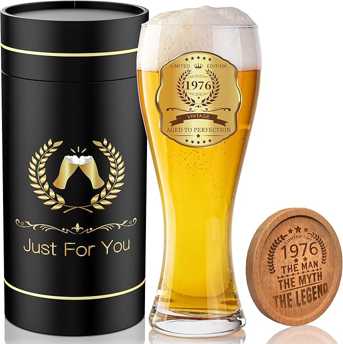 50th Birthday Beer Glasses Gifts, Personalized '1976' Vintage Glass Ware Set for Men, Black Gift Package with Drinking Glass, Coaster, and Card for 50 Years Old Man