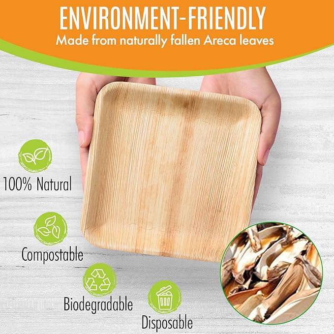Raj Palm Leaf Plates Bulk [50-Pack] 7" Square Plates(3 CASES - 150 PACK) like Bamboo plates Disposable, Strong, Decorative Compostable Tableware for weddings, Lunch, Dinner, Birthday, Camping