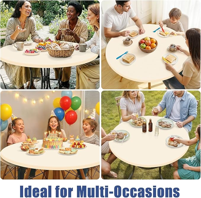 Round Spandex Tablecloth, Elastic Fitted Waterproof Tablecloths for 36"-44" Tables, Stretch Washable Picnic Table Cover for Camping, Dining, Indoor and Outdoor, Beige
