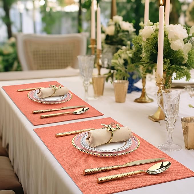 SLKQG Orange Linen Fabric Placemats Set of 6 - Heat Resistant & Machine Washable Table Mats for Holiday Dining, Double-Layered for Family Gatherings - Indoor Outdoor Use (6, Orange)