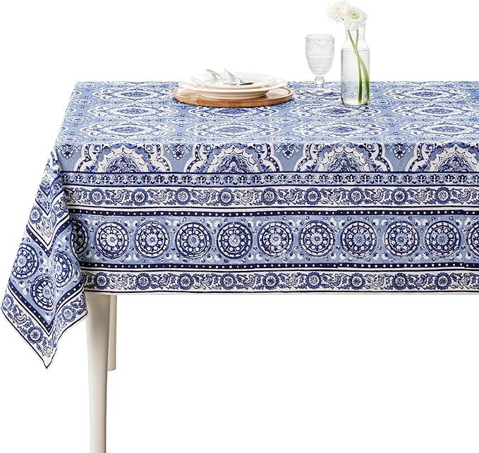 Maison d' Hermine Table Cloth Rectangle Table 100% Cotton 70 x 90 Inches Tablecloth Reusable Decorative for Dining Room Farmhouse Home Valentines Day Decorations Spring Summer - Melodie Bleue