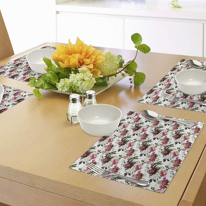 Ambesonne Shabby Flora Place Mats Set of 4, Country Style Floral Flower Roses Watercolor Image Art, Washable Fabric Placemats for Dining Table, Standard Size, Coral Maroon