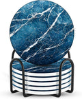 Emerson Coasters for Drinks Absorbent – Dining Table Set of 6 with Holder, 100% Ceramic Wooden Tabletop Protection Marble Style - Non-Slip & Cork Bottom - Heavy Duty (Blue Streak)