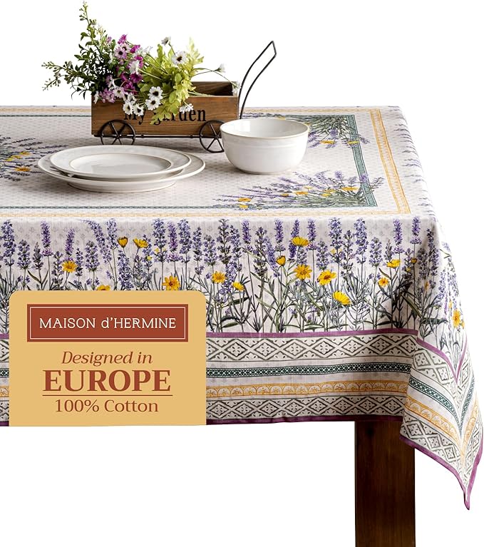 Maison d' Hermine Table Cloth Rectangle Table 100% Cotton 60 x 90 Inches Tablecloth Reusable Decorative for Dining Room Farmhouse Home Valentines Day Decorations Spring Summer - Fanny Lavender