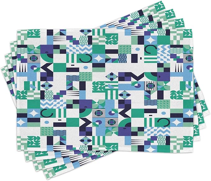 Ambesonne Mid Century Place Mats Set of 4, Geometric Modern Art Design in The Sixties Pop Art Shapes Pattern, Washable Fabric Placemats for Dining Table, Standard Size, Green Black
