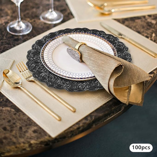 100 Pcs Antique Charger Plates Bulk, 13in Reusable Serving Plates Embossed Rim Plastic Party Dinner Plate Chargers Round Decorative Server Plate for Wedding Party Event Tableware