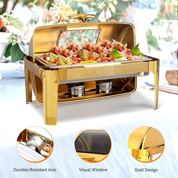 ROVSUN 9QT Chafing Dishes for Buffet, Roll Top Chafing Dish Buffet Set, Stainless Steel Buffet Warmer Chafers and Buffet Warmers Sets with Glass Window for Catering Events Parties Weddings, Gold