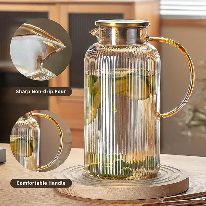 2 PACK Glass Pitcher with Lid, 68 oz/ 2 Liter Amber Classic Vertical Stripes Water Pitcher,Glass Water Carafe for Cold Brew, Coffee, Lemonade, Iced Tea,Beverage, Heat Resistant Water Glass Jug