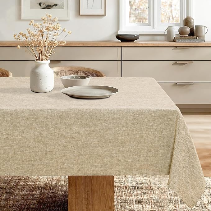 JIUZHEN Faux Linen Rectangle Tablecloth, Wrinkle Stain Resistant Farmhouse Textured Table Cloth Decorative Fabric for Kitchen, Dining, Party, Wedding,Outdoor Use,90 x 156 Inch,Beige