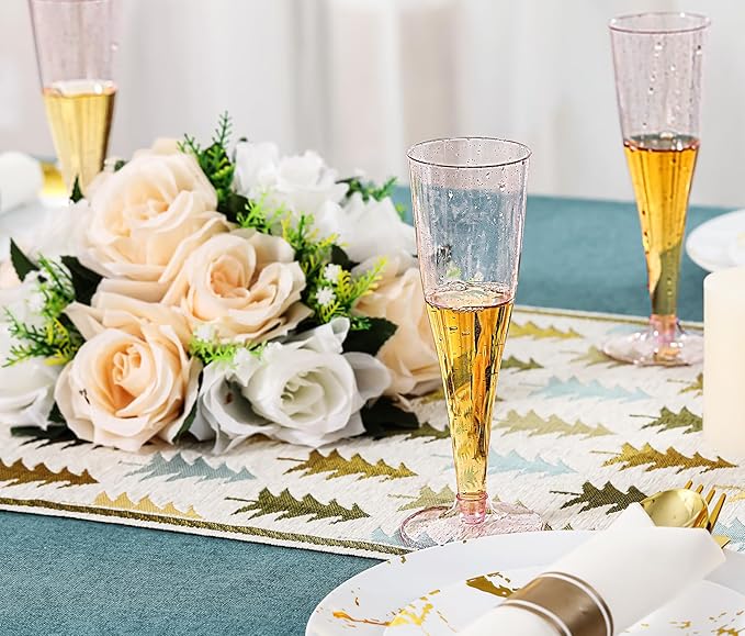 JOLLY CHEF 100 Pack Plastic Champagne Flutes Disposable 4.5 oz Purple Glitter Plastic Champagne Glasses Suitable for Wedding, Thanksgiving Day, Christmas