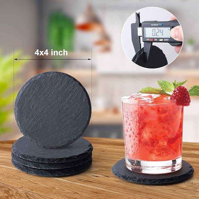 Slate Coasters Set of 48,4-Inch Black Round Stone Drink Coasters with Scratch-Resistant Backing, Durable Tabletop Protection for Home Office Kitchen, Ideal Housewarming Wedding Gifts