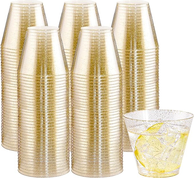 I00000 200pcs Gold Plastic Cups - 9 OZ Hard Gold Glitter Disposable Cups for Cocktail & Drinking - Premium Disposable Plastic Glasses with Gold Glitter for Fancy Wedding Cups Elegant Party Glasses