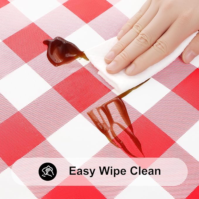 Smiry Rectangle Picnic Table Cloth, Elastic Waterproof Fitted Vinyl Tablecloths, Flannel Backed Buffalo Plaid Table Covers for Dining, Camping, Outdoor (White and Red, 36" x 96")