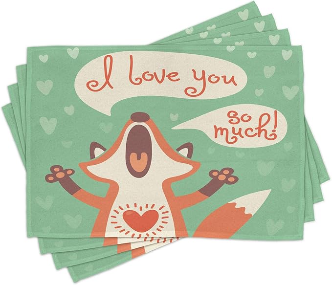 Ambesonne Lifestyle Place Mats Set of 4, I Love You So Much Fox Humor Romance Birthday Celebration Graphic Print, Washable Fabric Placemats for Dining Table, Standard Size, Mint Green