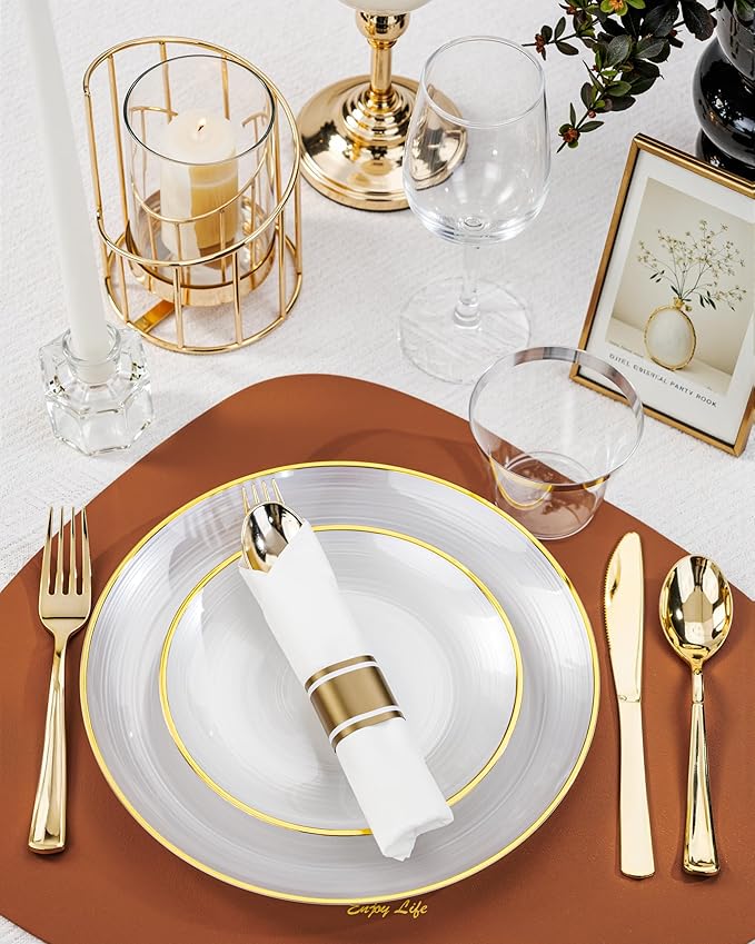 Morejoy 60Pcs Pearl White Plastic Plates,White Disposable Plates With Gold Rim,Heavy-duty Gold Plates, Modern swirl design Plate Include 30Clear Dessert-Platos,30Dinner-Platos for Party&Christmas