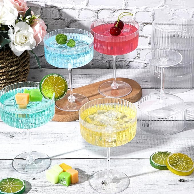 12 Pcs Ribbed Martini Glasses 10 oz Disposable Plastic Vintage Ribbed Coupe Glasses Unbreakable Dessert Parfait Glassware for Wedding Birthday Party Supplies (Clear)