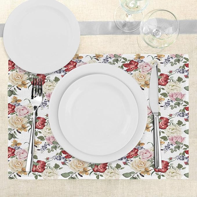 Ambesonne Shabby Flora Place Mats Set of 4, Summer Spring Season Buds Roses Lilacs Flowers Leaves Print, Washable Fabric Placemats for Dining Table, Standard Size, Pale Pink Cream