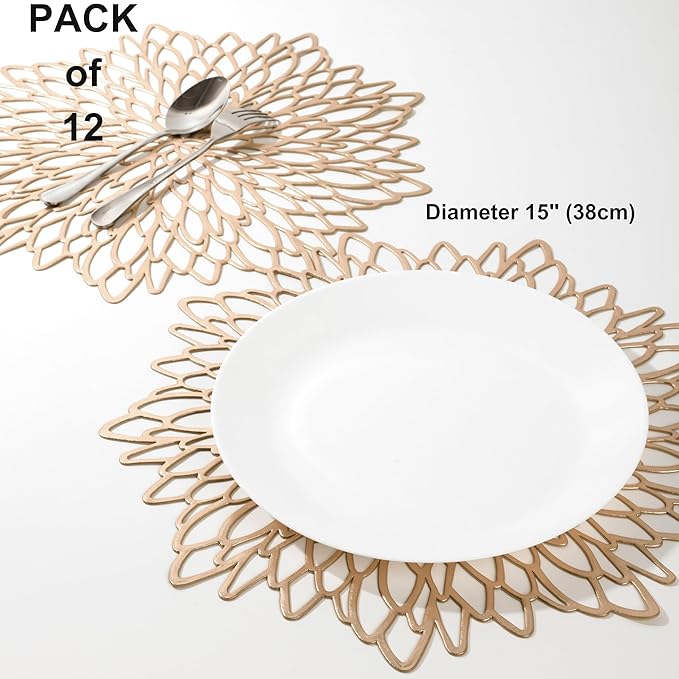 Snowkingdom Set of 12 Gold Metallic Placemats Laminated Vinyl Round Leaf Dinning Table Place Mats Bulk Decorative Halloween Thanksgiving Christmas Party Wedding Holiday Festival