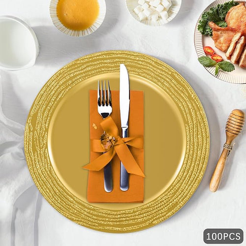 100 PCS Antique Charger Plates Bulk, 13 Inch Round Textured Edge Plastic Dinner Chargers, Bulk Plastic Charger Plates Set for Wedding, Party, Table Decor (Gold)