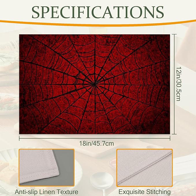 Cloth Placemats,Red Spider Web Fabric Placemats Set of 6,Washable Gothic Table Mats,Decorative Place Mats for Dining Home Kitchen Holiday Party 11.8x17.7 Inch