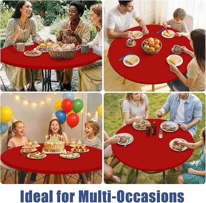 Round Spandex Tablecloth, Elastic Fitted Waterproof Tablecloths for 36"-44" Tables, Stretch Washable Picnic Table Cover for Camping, Dining, Indoor and Outdoor, Red