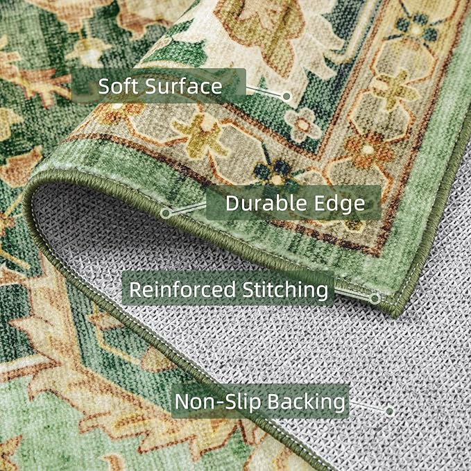 9x12 Rugs for Bedroom, Vintage Washable Rugs Non Slip Large Area Rug for Living Room Dining Room Office, Floor Decoration Big Rug Carpet Low-Pile Kid & Pet Friendly(Border Green)