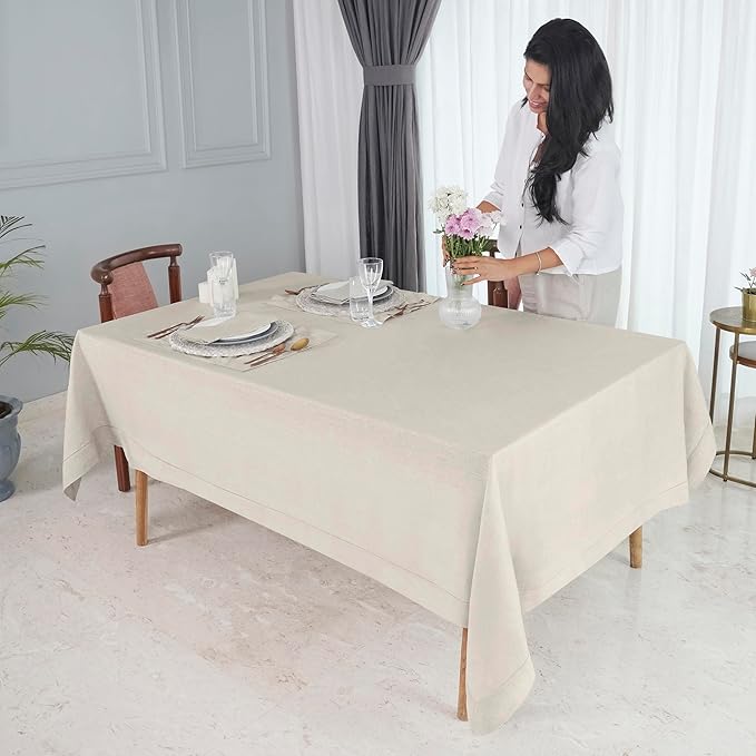 D'Moksha Homes Light Natural Linen Tablecloth for Rectangle Tables 60 x 132 Inch - 100% Pure Linen Natural Table Cloth - Classic Hemstitch, Machine Washable Dining Tablecloth for Valentines, Easter