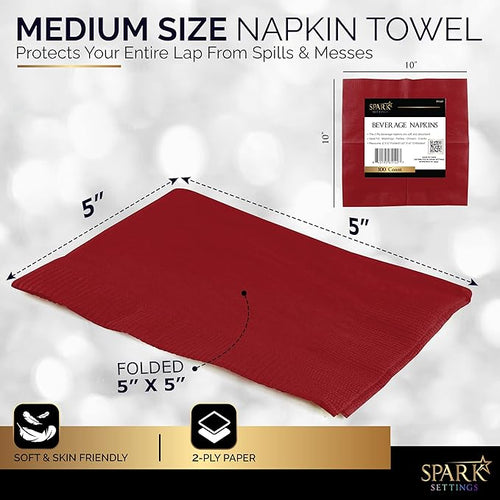 100 Pack Burgundy Beverage Napkins, Big Party Pack, 2 Ply, Ideal for Wedding, Party, Birthday, Dinner, Lunch, Cocktails. (5” x 5”) by Amcrate
