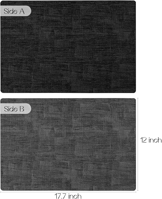 Romanstile Reversible Vinyl Placemats Set of 4, Faux Leather 100% Waterproof Oil-Proof Wipeable Place Mats, Heat Resistant Dual Sided Table Mats for Kitchen/Dining/Party (Grey Black, 12 x 17 Inch)
