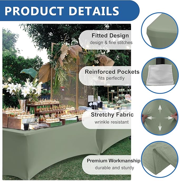 Spandex Table Cloths for 8 Foot Rectangle Tables-6 Pack Fitted Stretch Sage Table Covers-Elastic Folding Tablecloths for Party, Vendor Booth Display, Banquet Buffet Event, Craft Trade Show
