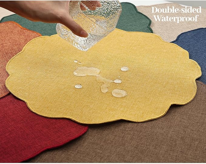AHHFSMEI Round Faux Linen Placemats Set of 6 Waterproof Table Mats Heat Resistant Non-Slip and Stain Proof for Kitchen Dining Elegant Decor (Burgendy red,6)