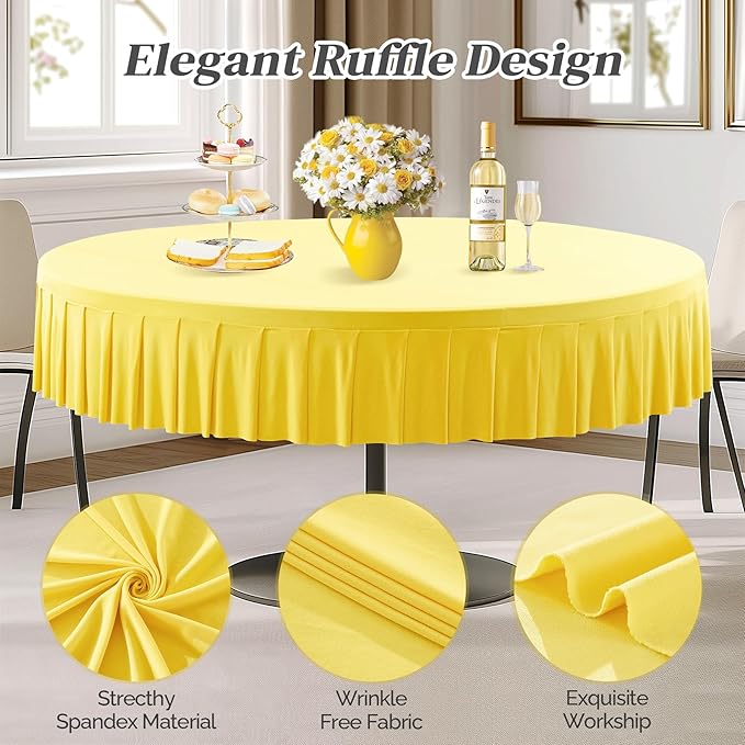 8 Pack Yellow Spandex Round Tablecloths for 60 inch Table, Stretchy Fitted 5FT Round Table Cloths with Skirt for Wedding Party Dining Banquet