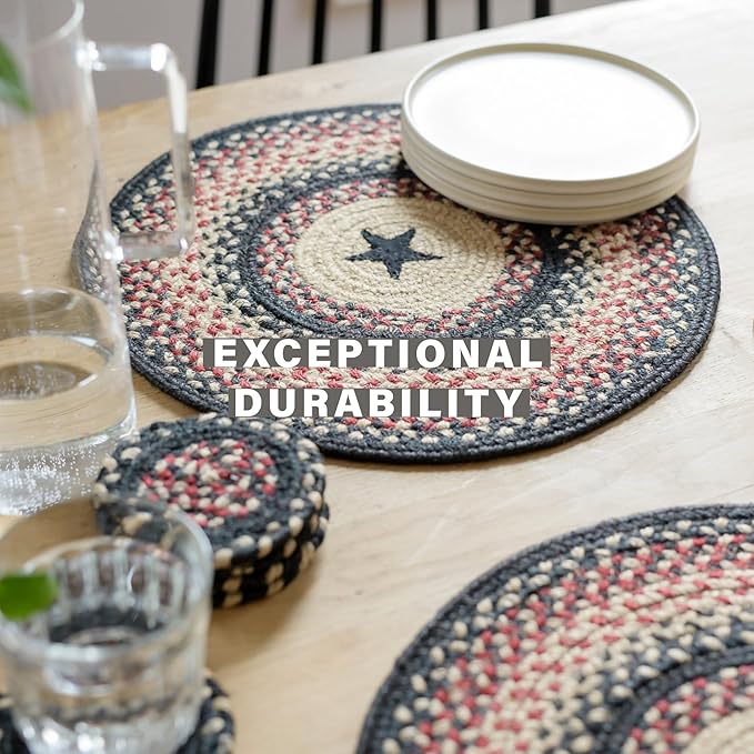 Homespice Primitive Star Gloucester Round Braided Placemats, Warm Primitive Decor, Set of 2, 15" Black and Red Jute Table Mats - Vibrant Colors, Durable, Easy to Clean and Protects Furniture
