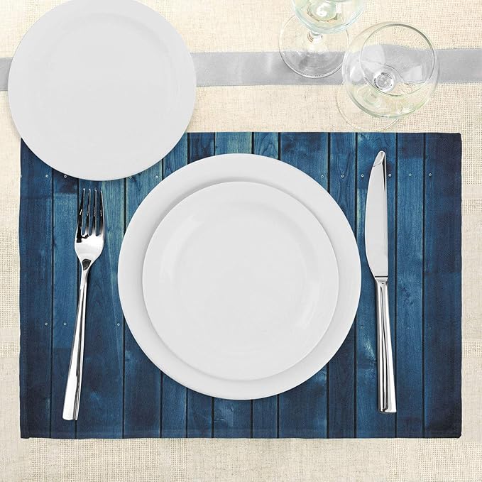 Ambesonne Dark Blue Place Mats Set of 4, Wooden Planks Texture Image Board Floor Wall Lumber Rustic Country Life, Washable Fabric Placemats for Dining Room Kitchen Table Decor, Pale Blue Dark Blue