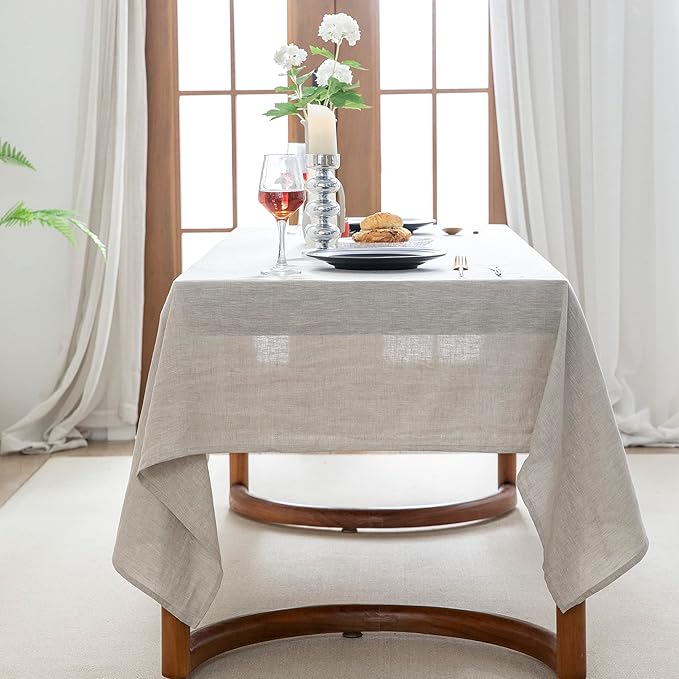 EVERLY100% Pure Linen Rectangle Tablecloths 144Lx60WInch for Dining,Buffet Parties,Picnic,Events,Weddings and Restaurants,Decorative Halloween,Thanksgiving Machine Washable Tablecloths-Natural Linen