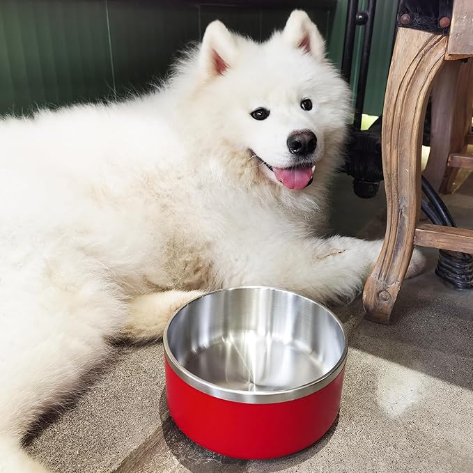 Stainless Steel Dog Bowls for Large Dogs - Metal Pet Dish, Water & Food, Insulated & Non-Slip, Easy to Clean, 64oz, Red